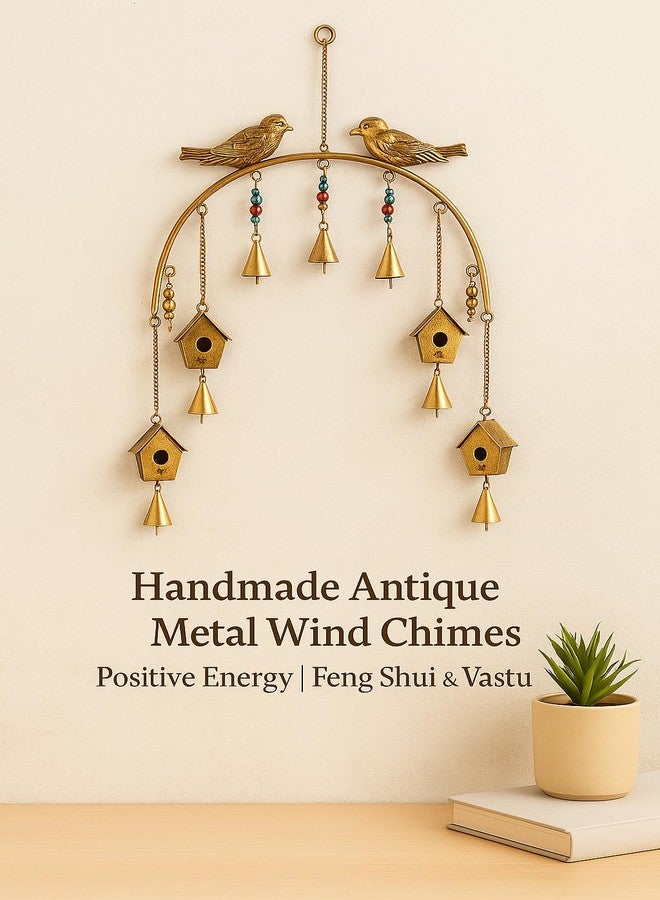 Crafties Art Golden Metal Wind Chimes Wall Hanging | Rustic Feng Shui Birdhouse Design for Positive Energy, Vastu & Home Decoration - Balcony, Bedroom, Living Room, Big Size Diwali Gift - Image 5